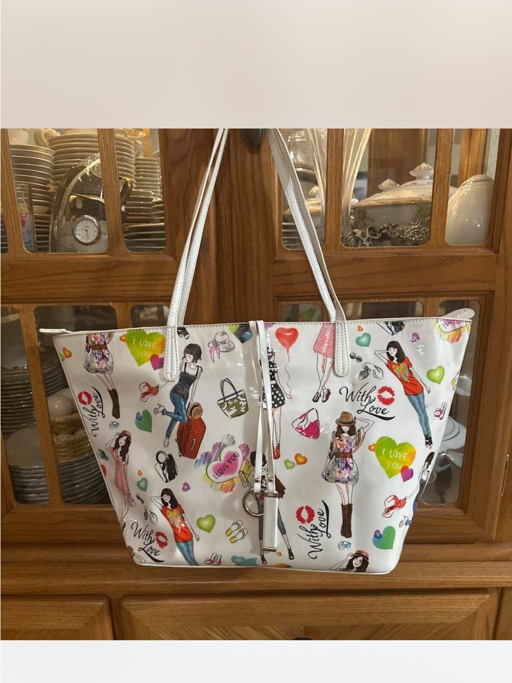 White Fashion Print Tote Bag with Colorful Illustration Accents